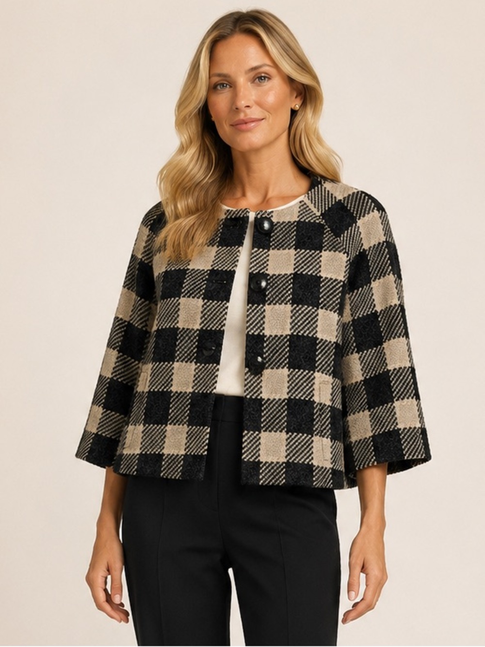Vintage Talbots Petites Wool Blend Check Swing Jacket Black Ivory Size 6